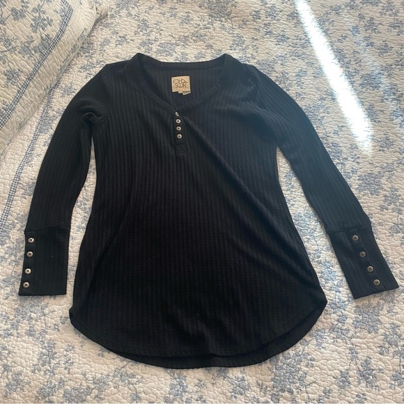 Chaser Black Waffle Knit Thermal Long Sleeve Button Cuff Top Size Medium - Picture 1 of 9